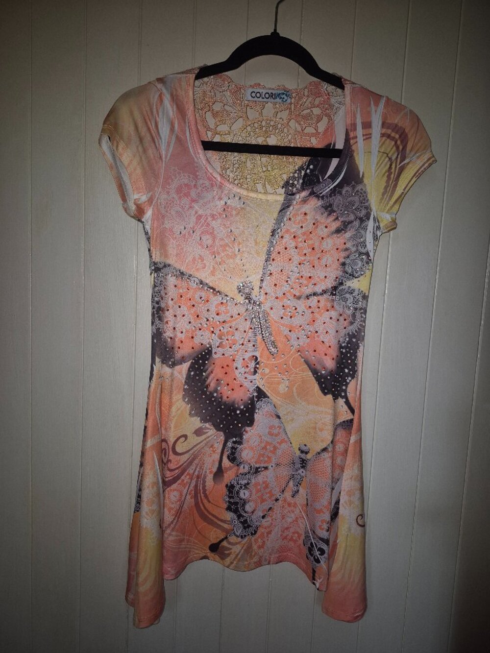 COLORI Butterfly Print Tunic Top Size Small Lace Back Embellished Boho Y2K